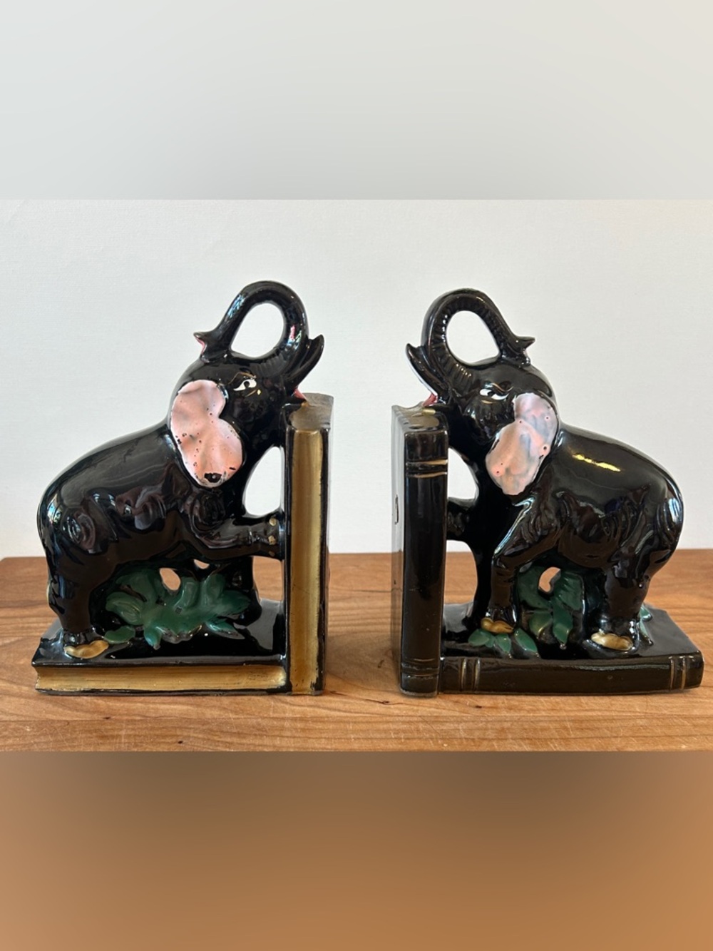 Vintage Ceramic Black/Gold Elephants Book Ends Pink Ear Japan 5 7/8” x 4.5”